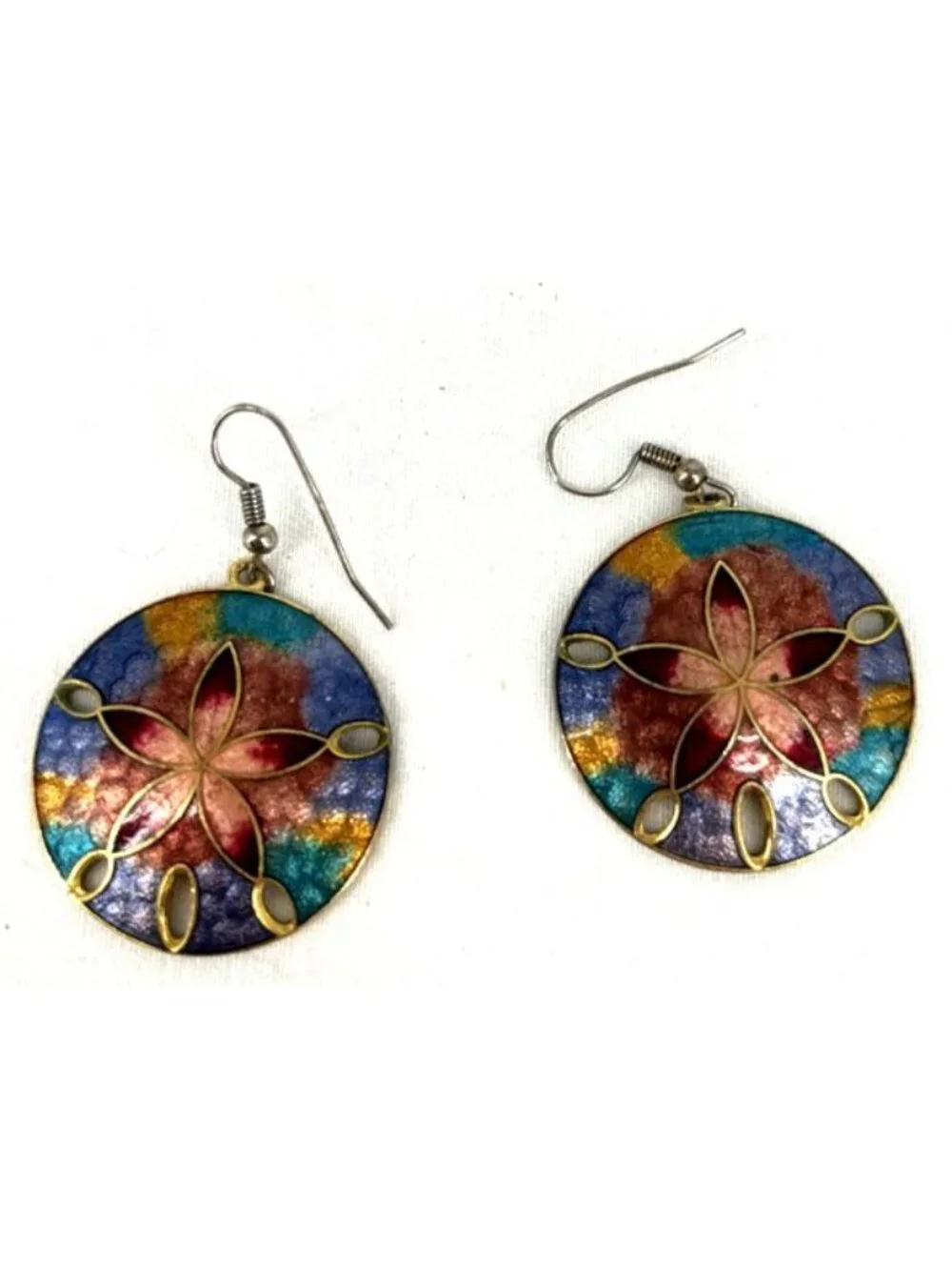 Sand Dollar Earrings Enamel Colorful Metal Dangling 1.25